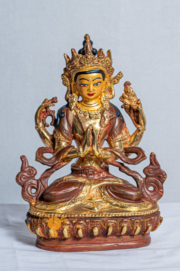 Four-Armed Chenrezig Avalokitesvara Statue | Copper with Mercury Gold Plating