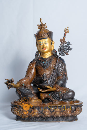 Copper Oxidized Face Painted Guru Rinpoche Statue