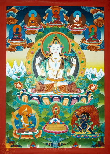 Hand-painted Four-armed Avalokitesvara Mandala Thangka "The Sacred Art of Compassion"