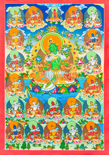 Hand-Painted 21 Green Tara Thangka