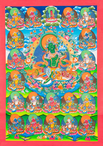Hand-Painted 21 Green Tara Thangka