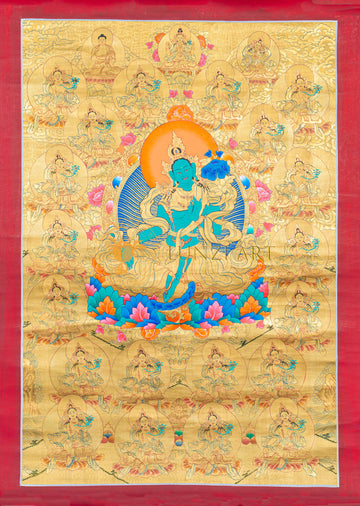 Hand-Painted Green Tara Thangka Lapped by Gold