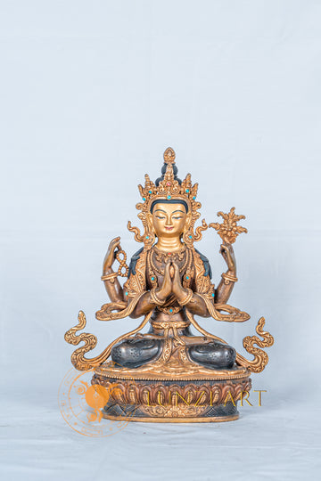 Four Armed Chenrezig Avalokitesvara Statue | Half Gold Plated