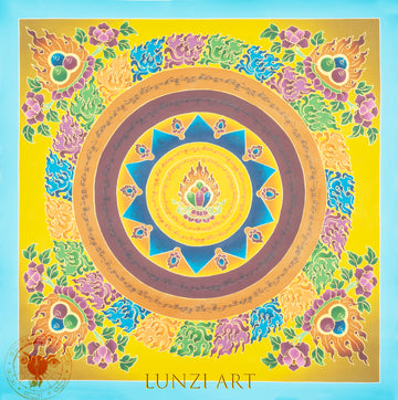 HandPainted Lotus Fire Mandala Thangka of the Three Jewels “Radiance of Enlightened Essence" - Thangka