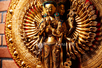 Large Gold Plated refined standing statue of the Thousand-Armed, Multi-Faced Avalokiteshwor, meticulously crafted by a nationally certified master - statues