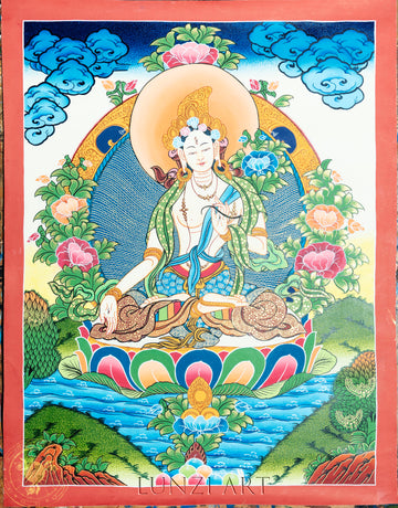 White Tara hand-painted thangka "Radiant Guardian of Healing and Longevity" - Thangka