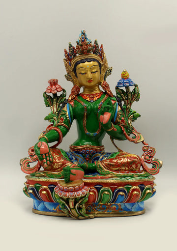 Masterpiece Gold Plated Colored Green Tara Statue 9"H