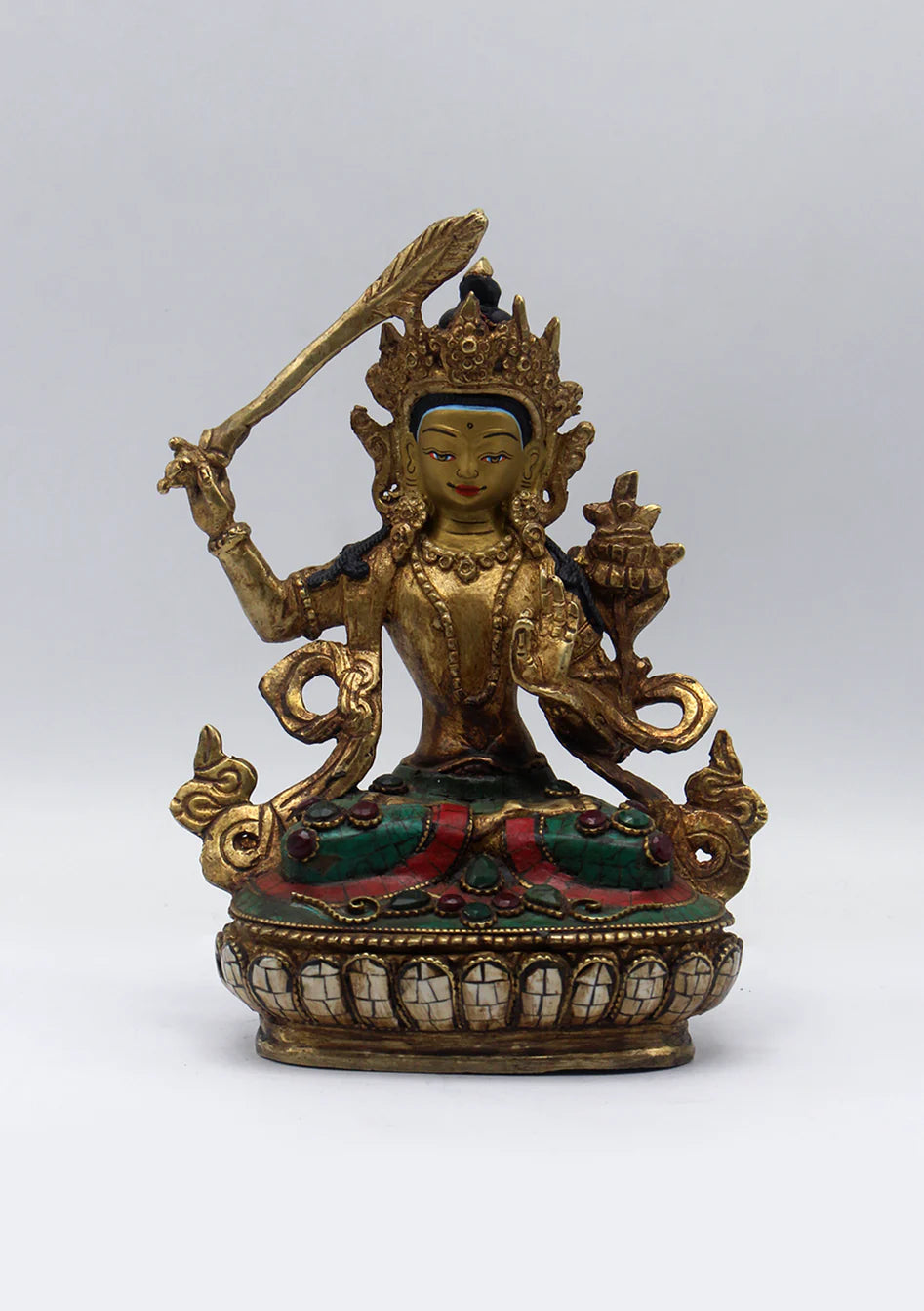 Stone Inlaid Copper Manjushri Statue 6.5"H