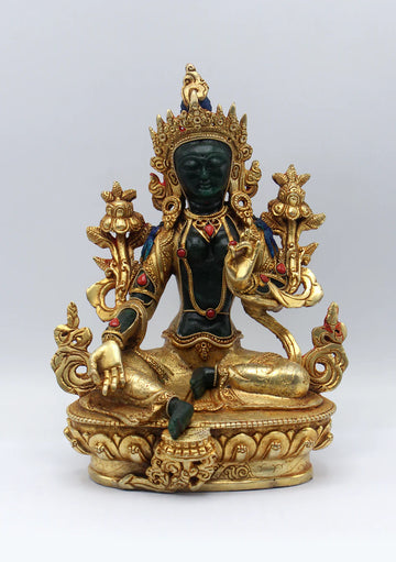 Gold Plated Green Stone Green Tara Statue 9"H