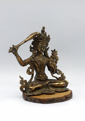 Fully Gold-Plated Manjushri Statue with Antique Finish 5"H