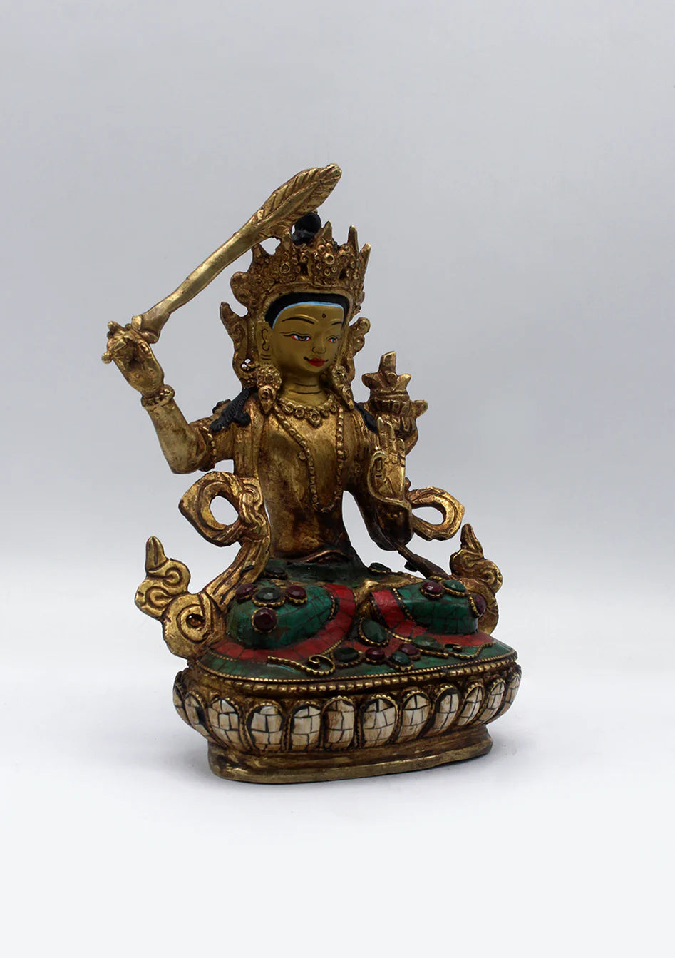 Stone Inlaid Copper Manjushri Statue 6.5"H