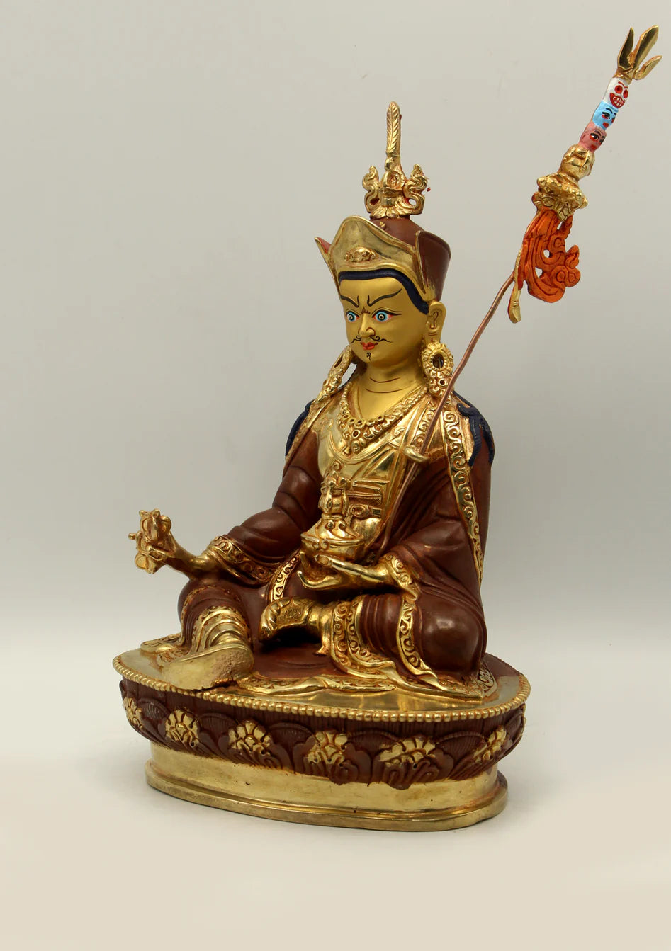 Partly Gold Plated Copper Guru Padmasambhava Statue 9"H