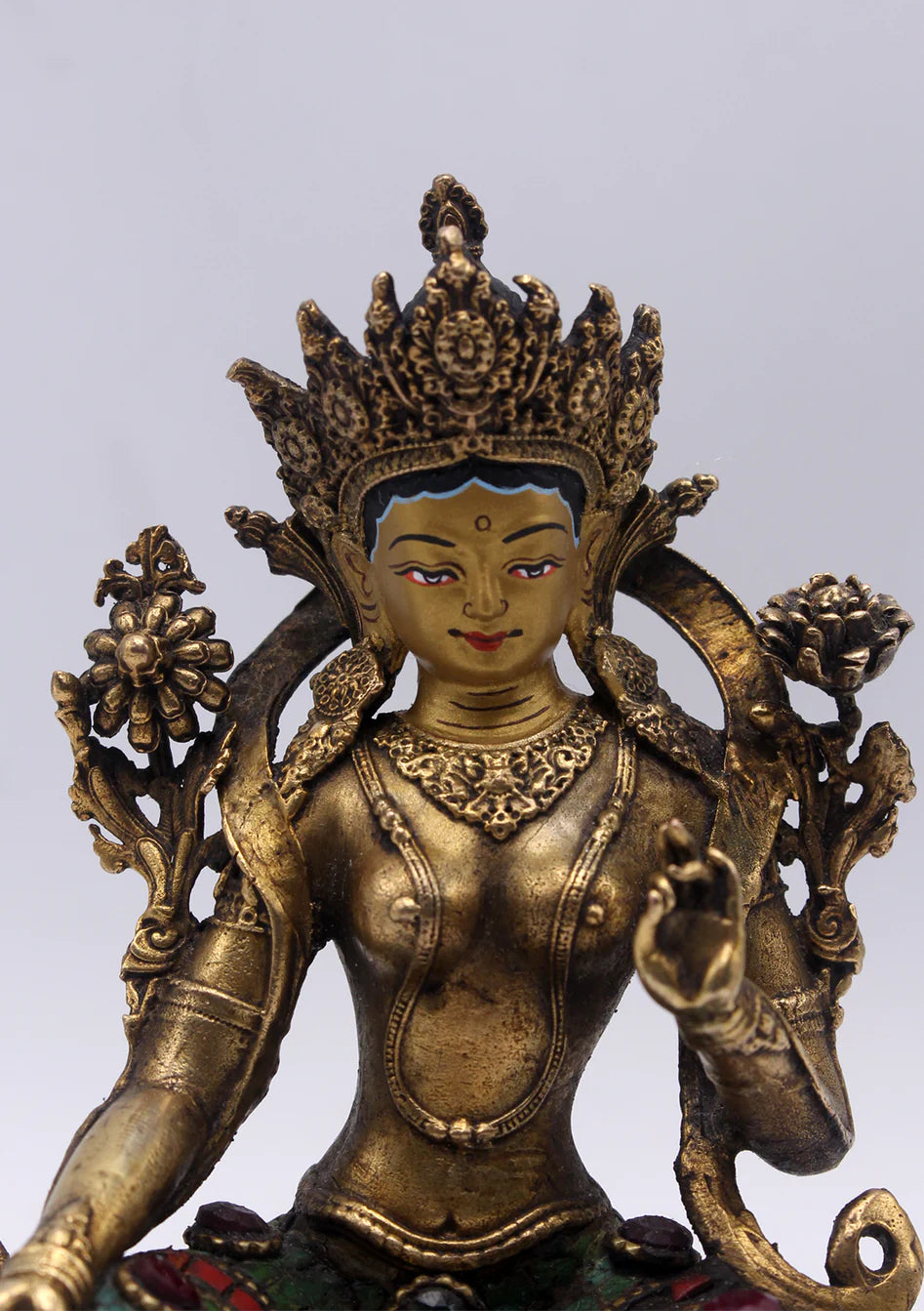 Stone Inlaid Copper Green Tara Statue