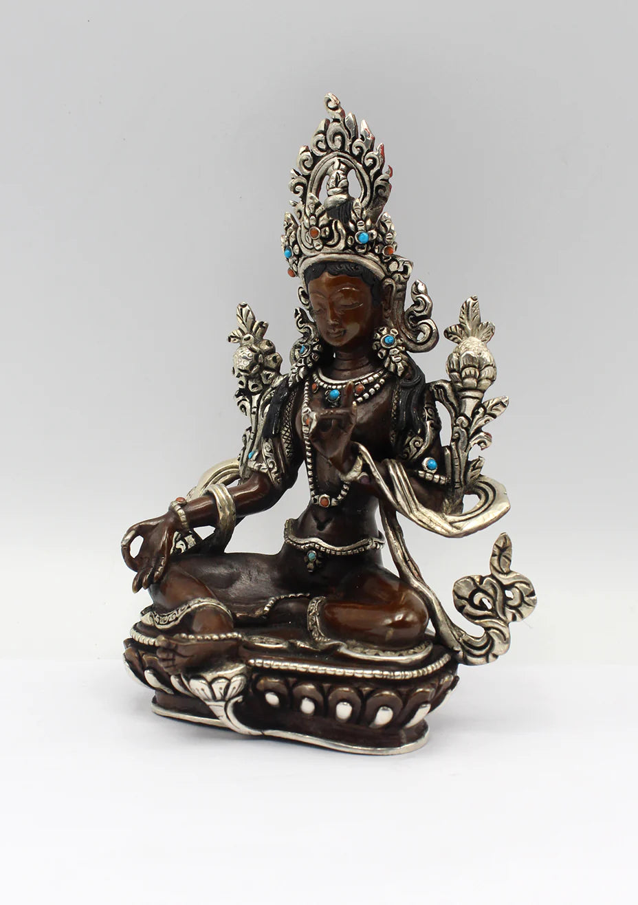 Copper Silver Inlaid Green Tara Statue 6" H