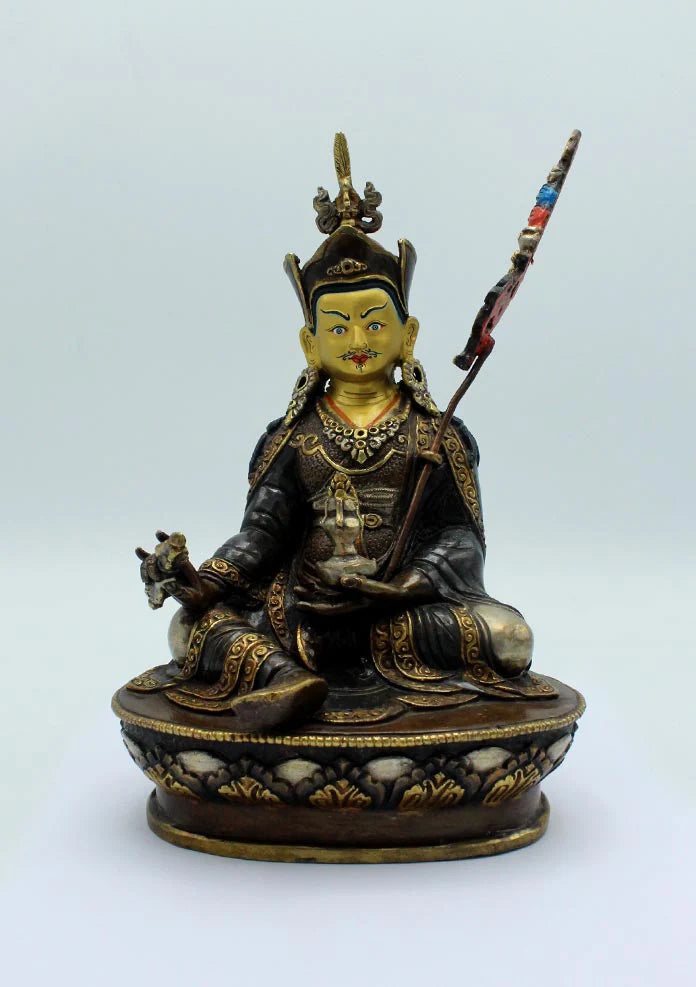 Partly Gold Plated Copper Oxidized Majestic Guru Padmasambhava Statue