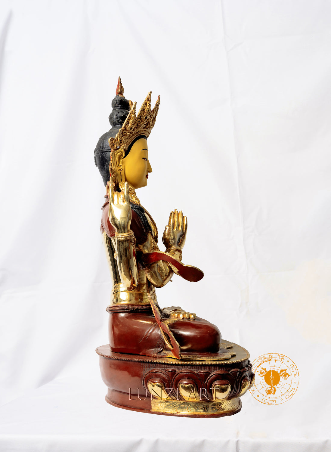 Copper Gilded and Painted "Sitting Statue of Avalokitesvara Bodhisattva with Four Arms" - statues