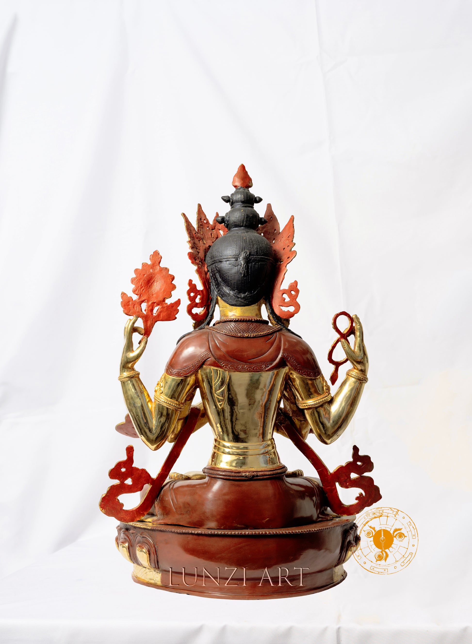 Copper Gilded and Painted "Sitting Statue of Avalokitesvara Bodhisattva with Four Arms" - statues