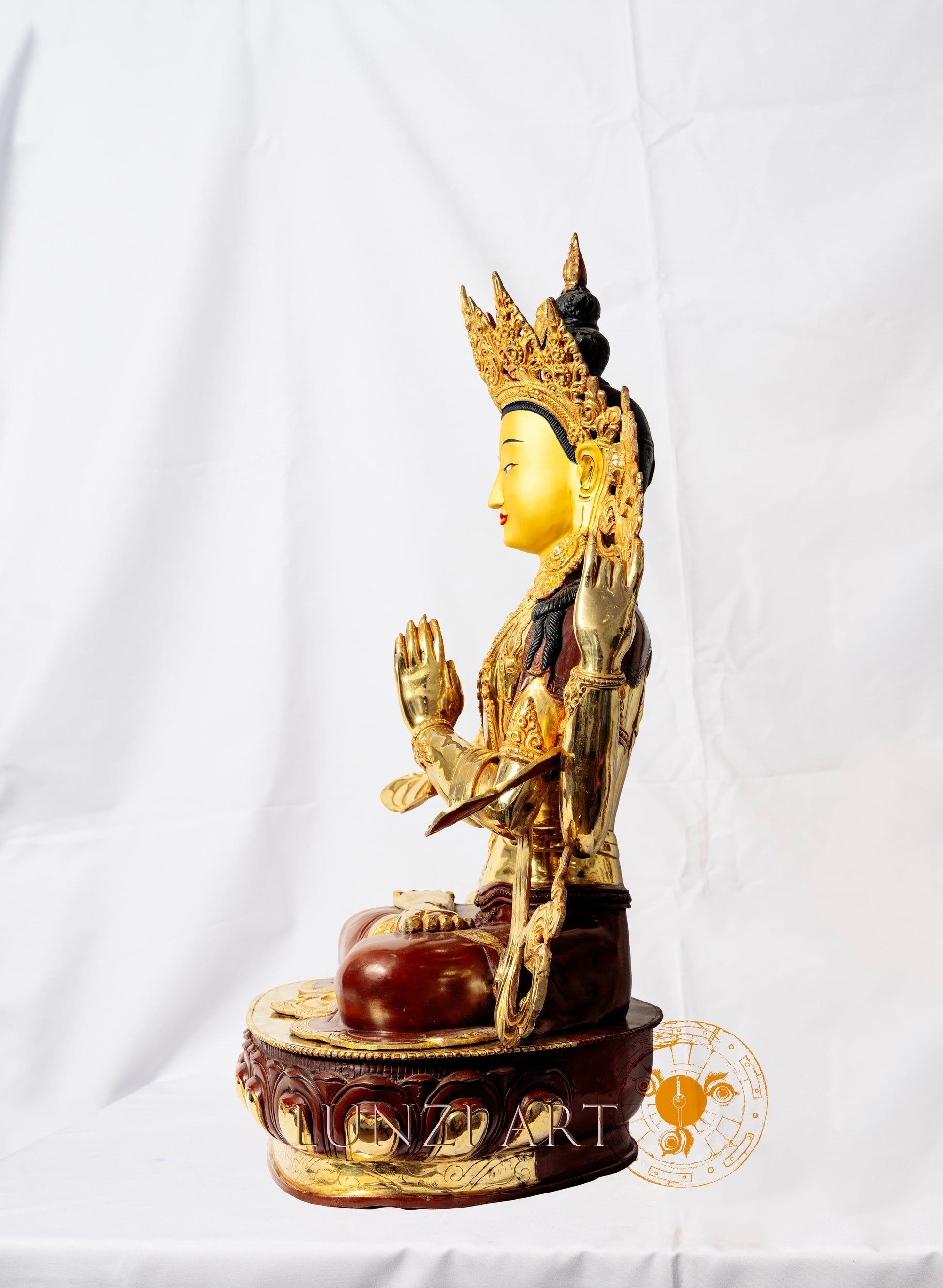 Copper Gilded and Painted "Sitting Statue of Avalokitesvara Bodhisattva with Four Arms" - statues