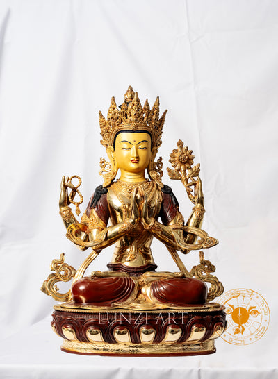 Copper Gilded and Painted "Sitting Statue of Avalokitesvara Bodhisattva with Four Arms" - statues