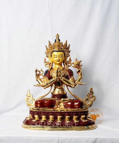 Copper Gilded and Painted "Sitting Statue of Avalokitesvara Bodhisattva with Four Arms" - statues