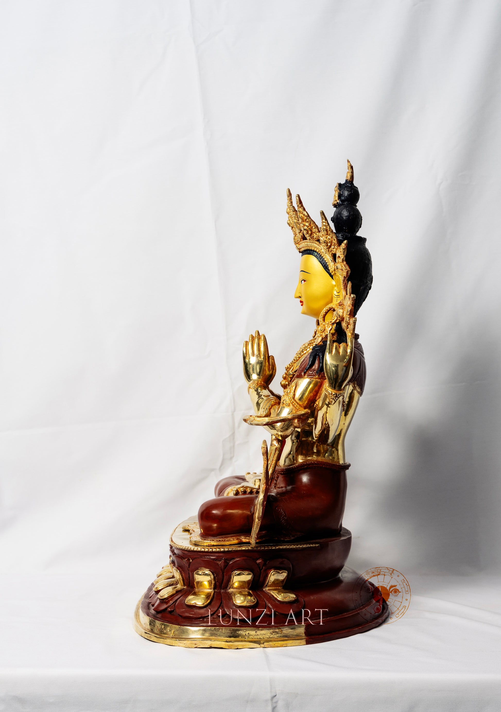 Copper Gilded and Painted "Sitting Statue of Avalokitesvara Bodhisattva with Four Arms" - statues