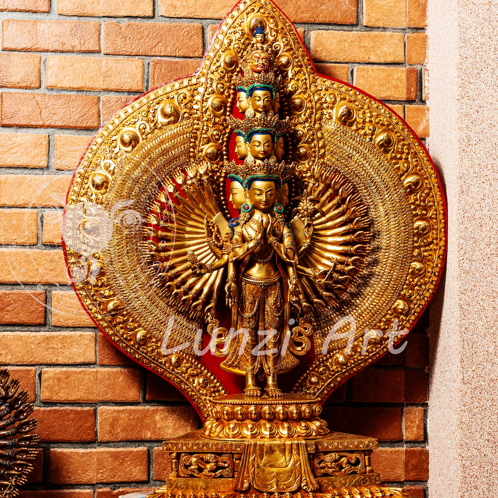 Large Gold Plated refined standing statue of the Thousand-Armed, Multi-Faced Avalokiteshwor, meticulously crafted by a nationally certified master