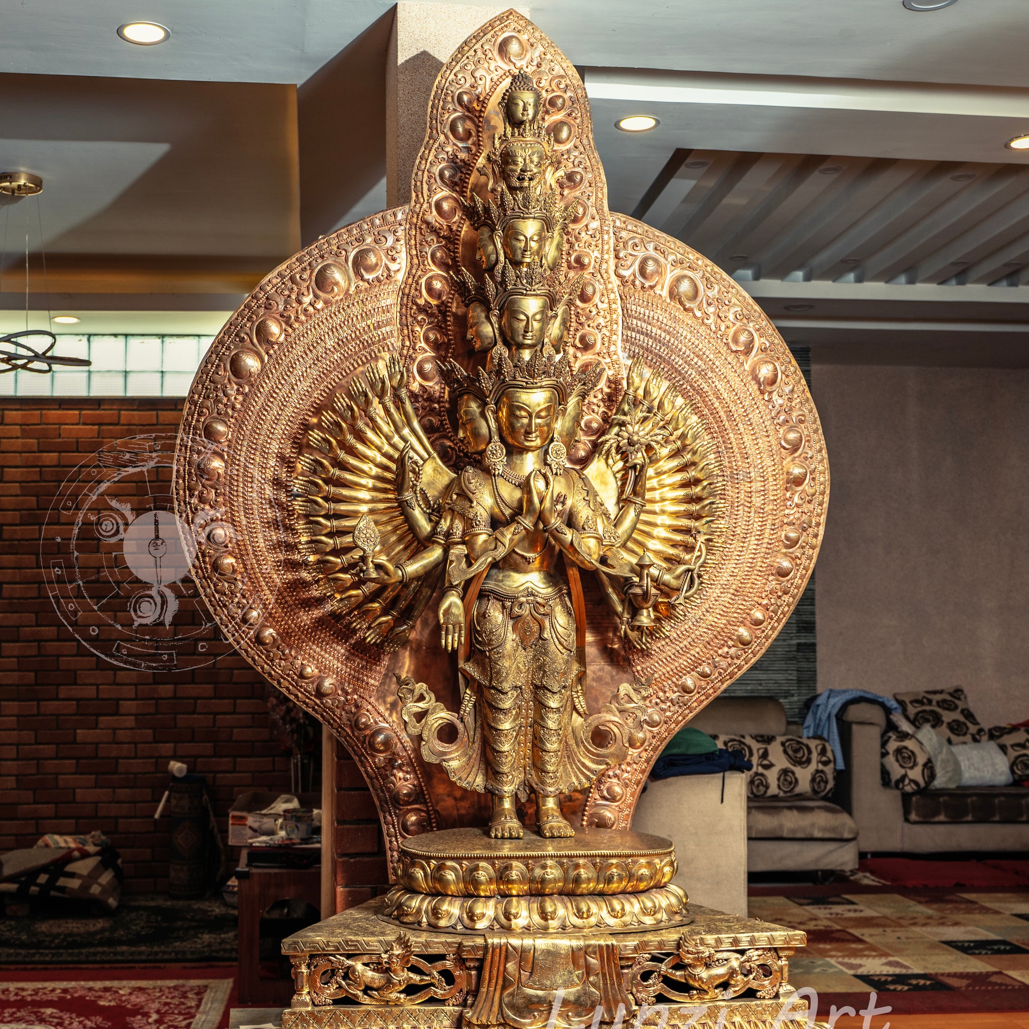 Large refined copper standing statue of the Thousand-Armed, Multi-Faced Avalokiteshwor, meticulously crafted by a nationally certified master