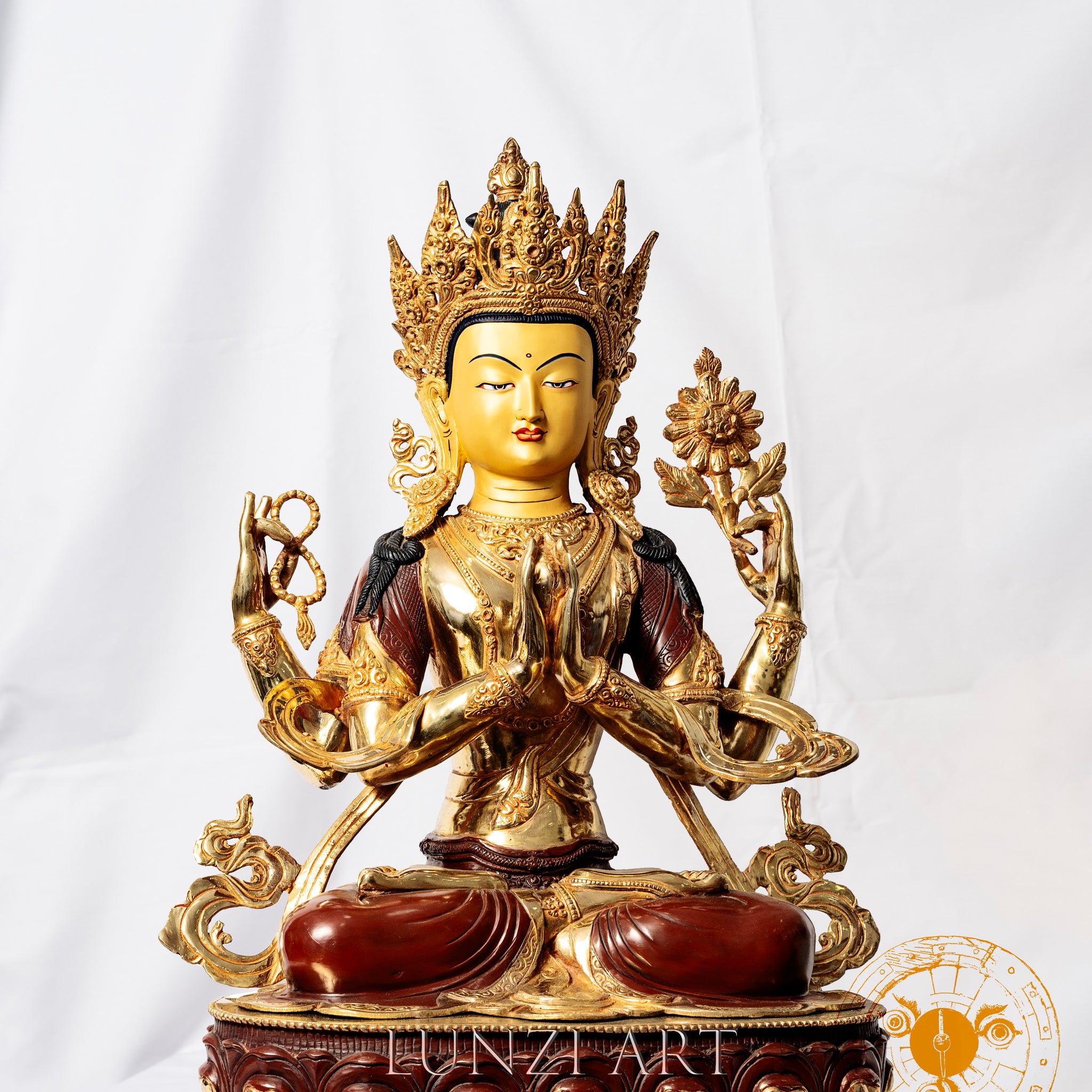 Copper Gilded and Painted "Sitting Statue of Avalokitesvara Bodhisattva with Four Arms"