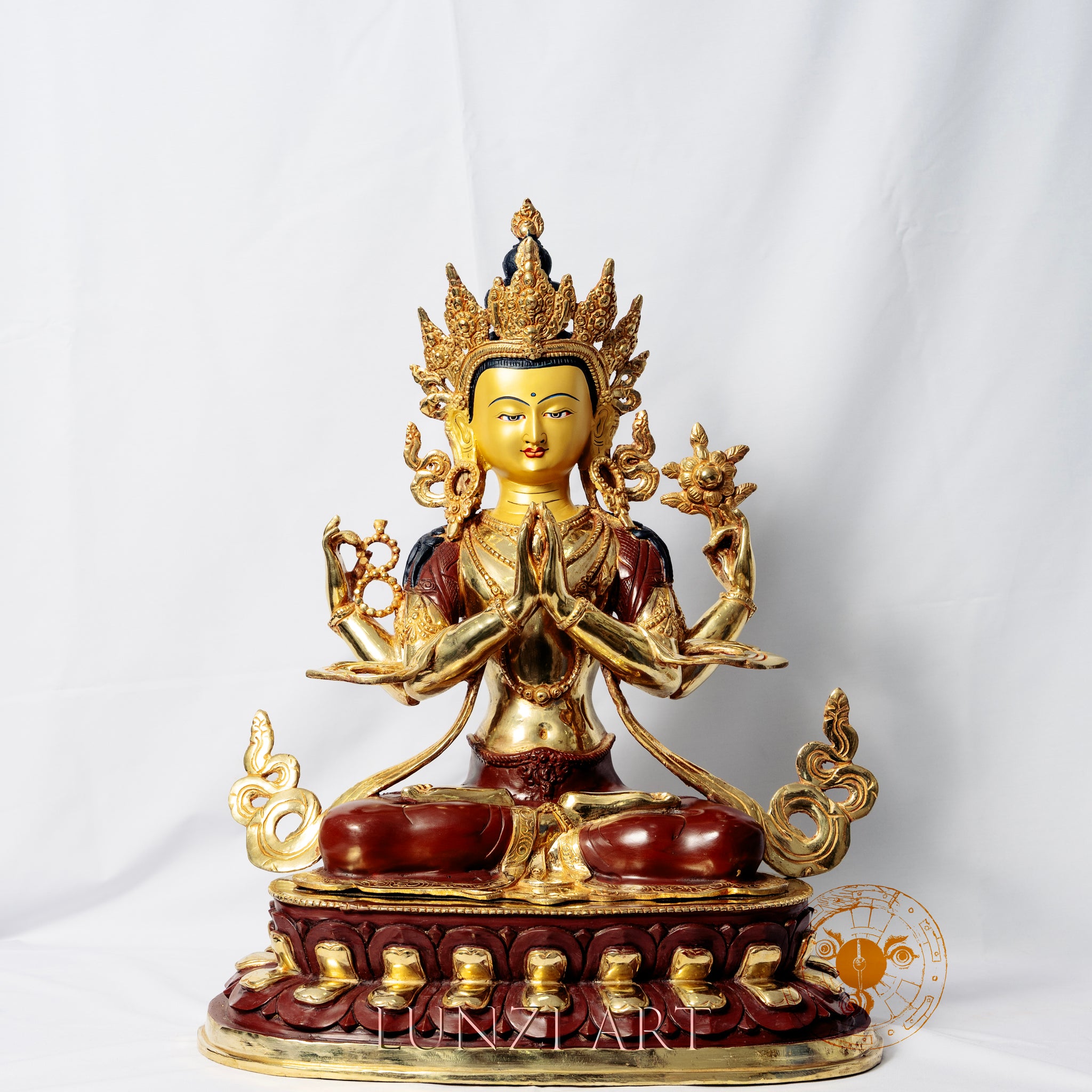 Copper Gilded and Painted "Sitting Statue of Avalokitesvara Bodhisattva with Four Arms"