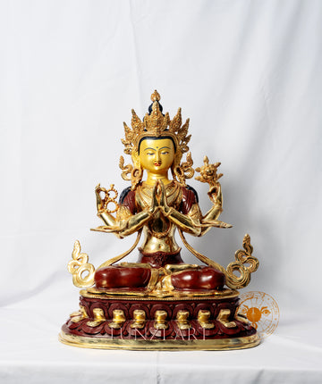 Copper Gilded and Painted "Sitting Statue of Avalokitesvara Bodhisattva with Four Arms"
