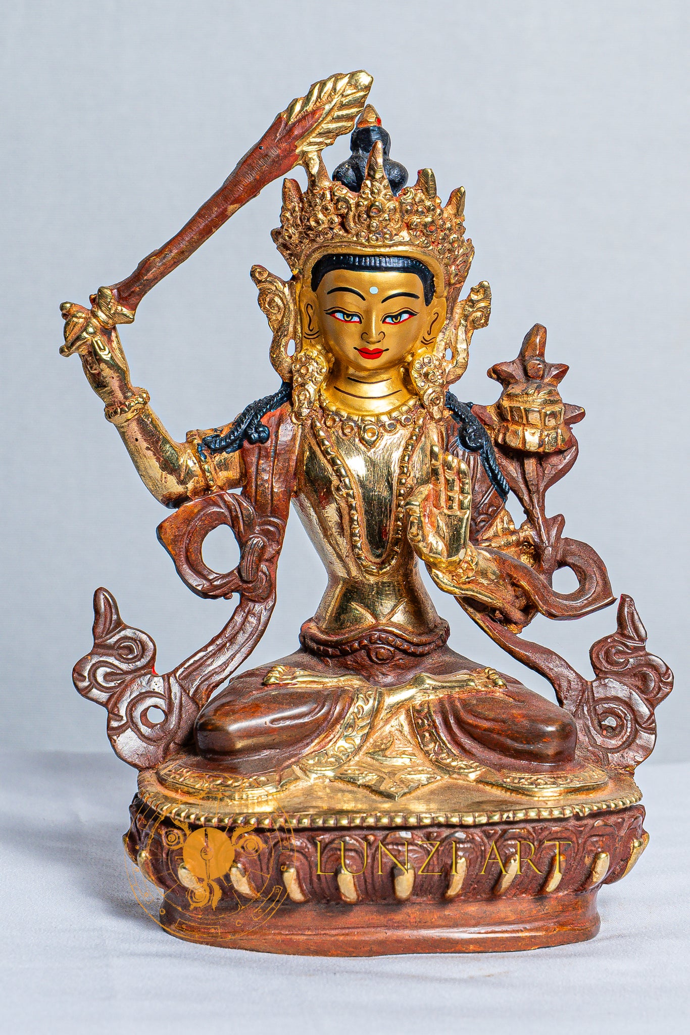Statua di Manjushree in rame placcato oro mercurio