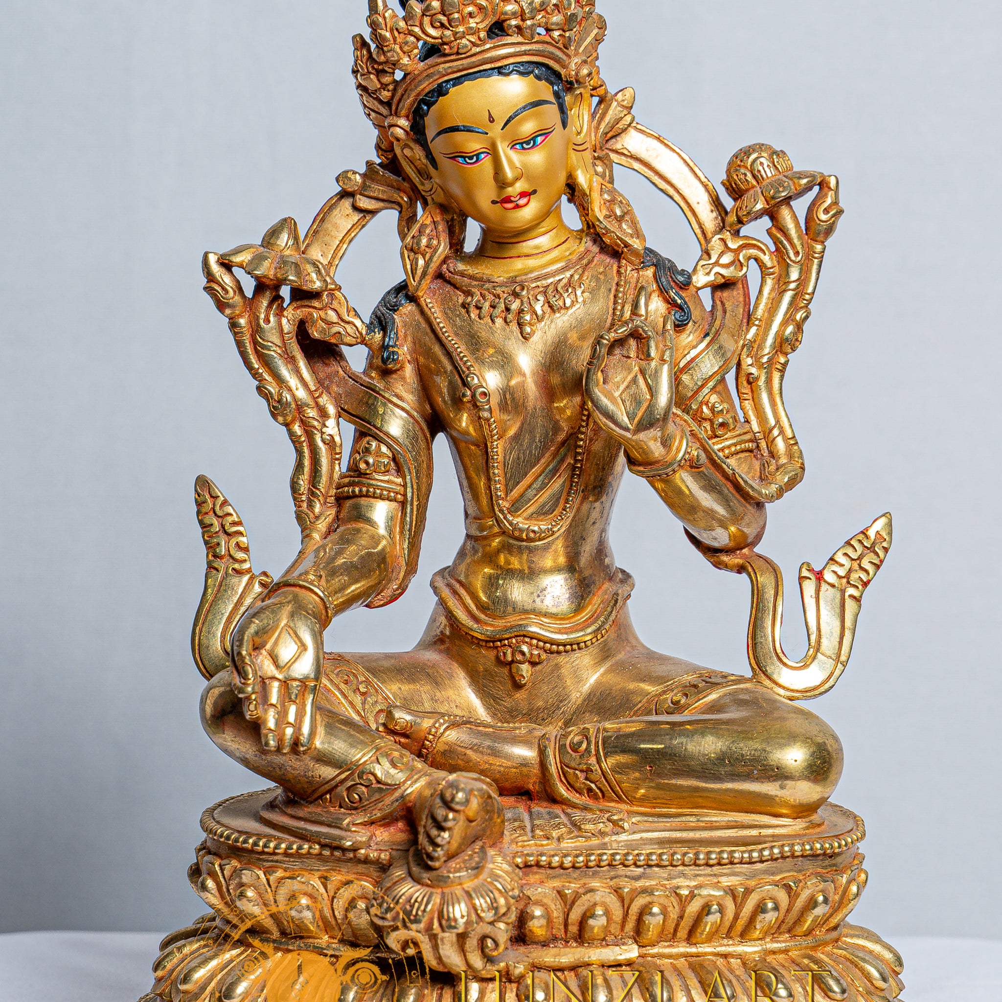 Statua di Tara verde placcata in rame e oro mercurio