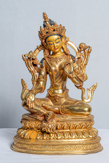 Statua di Tara verde placcata in rame e oro mercurio