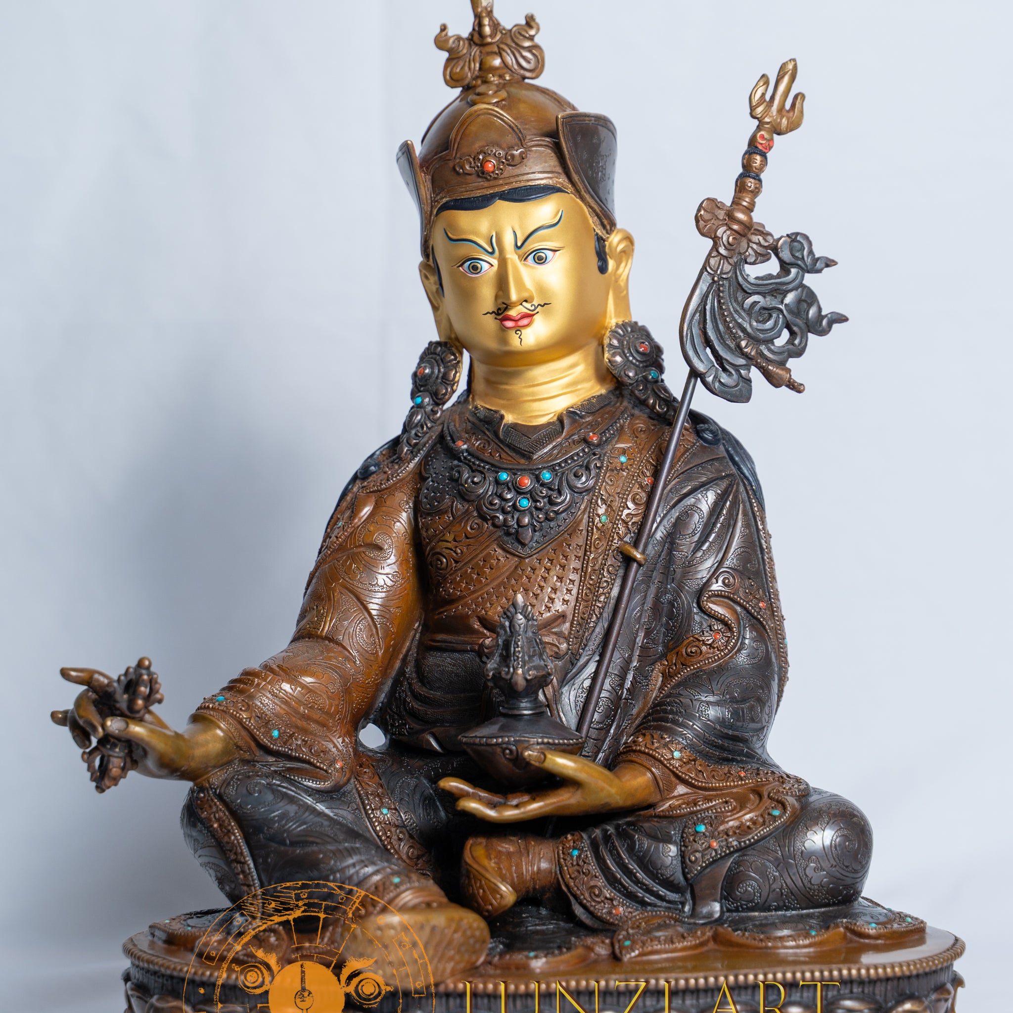 Copper Oxidized Face Painted Guru Rinpoche Statue