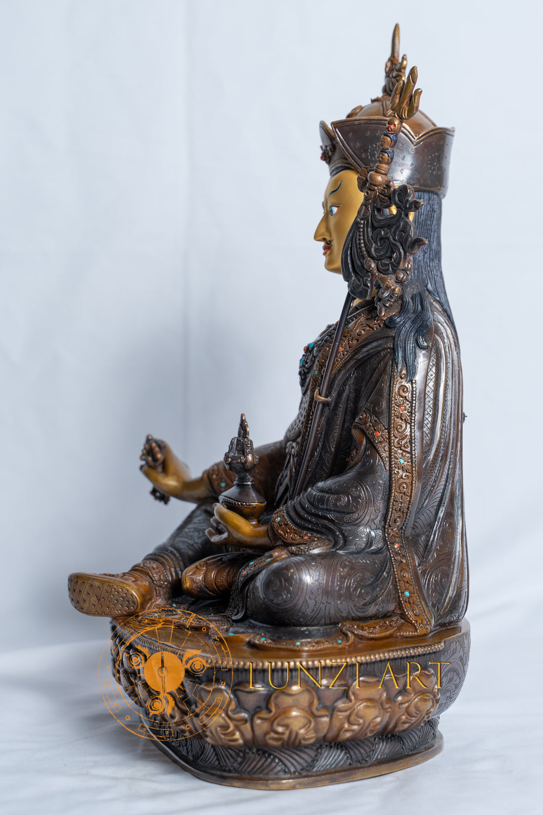 Copper Oxidized Face Painted Guru Rinpoche Statue