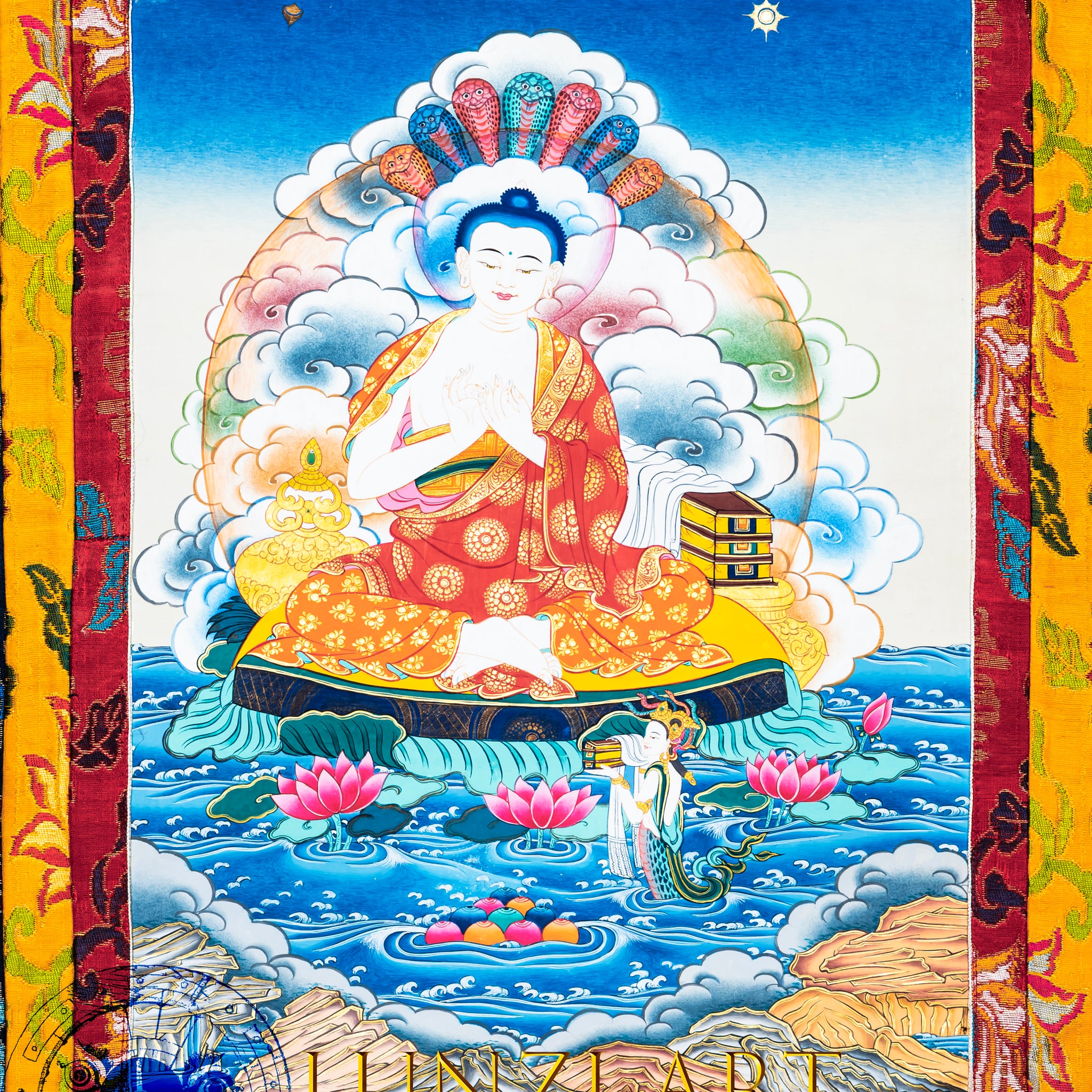 手绘唐卡-七头龙树佛 “启蒙与神圣守护的象征”
