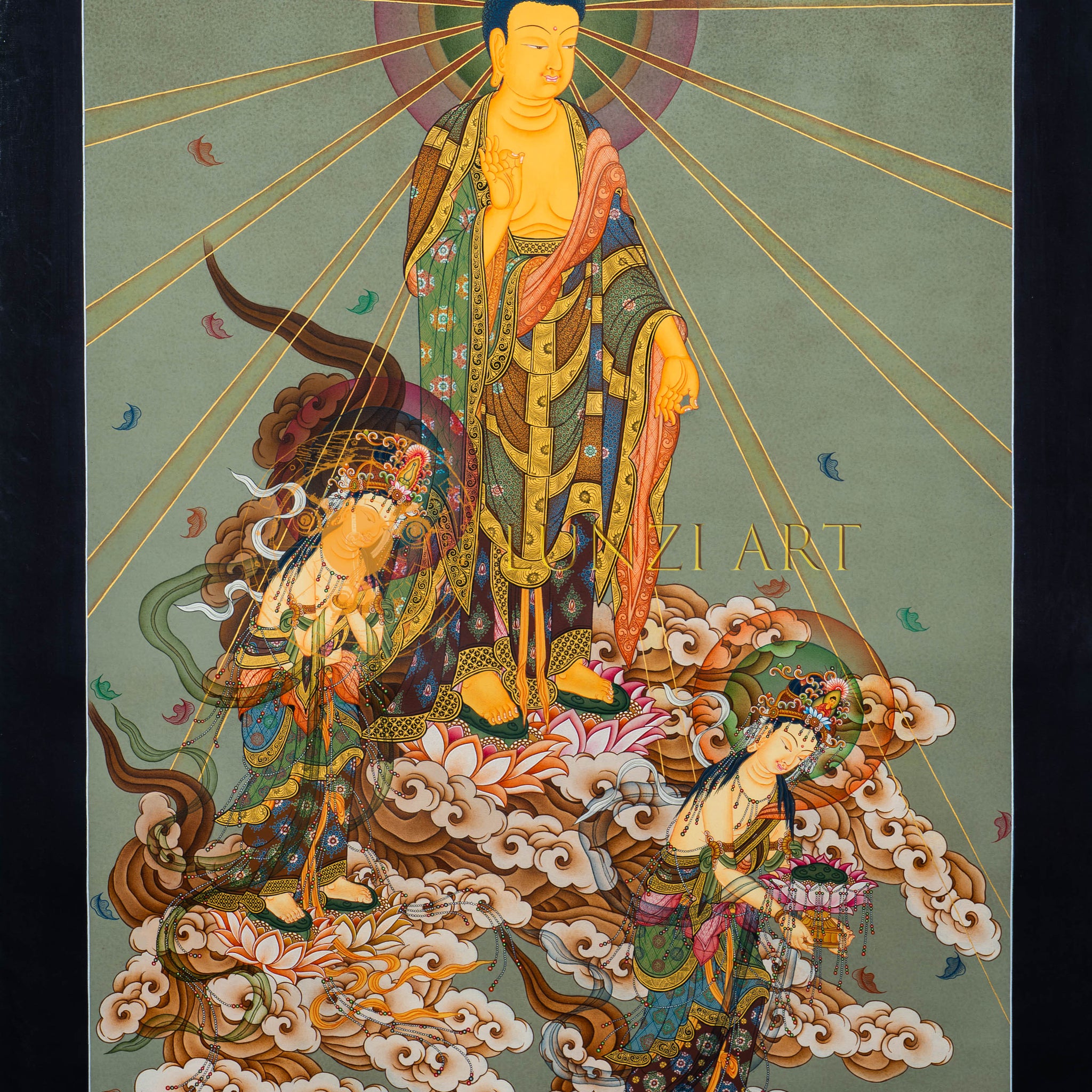 The Descent of the Japanese Buddha: A Celestial Vision Thangka Painting