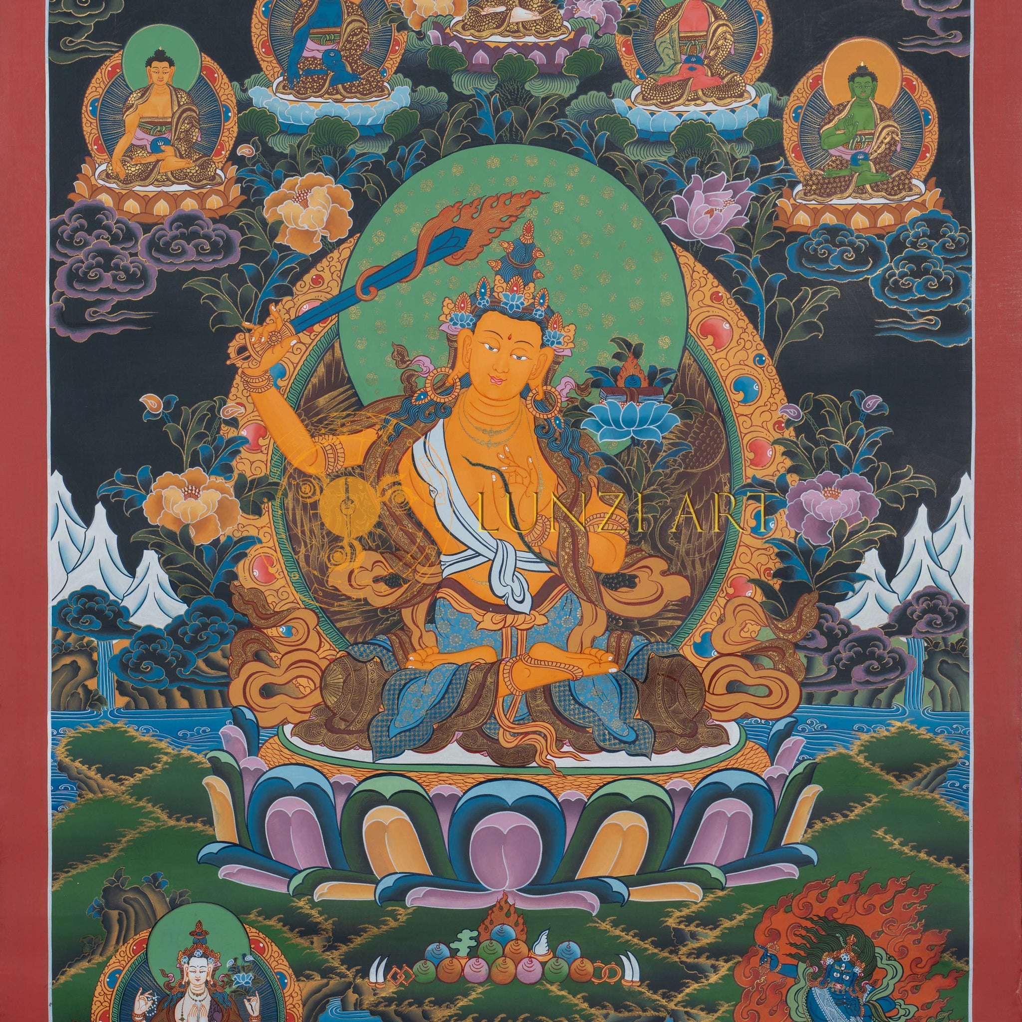 Il Signore d'Oro della Saggezza: Dipinto Thangka di Manjushri