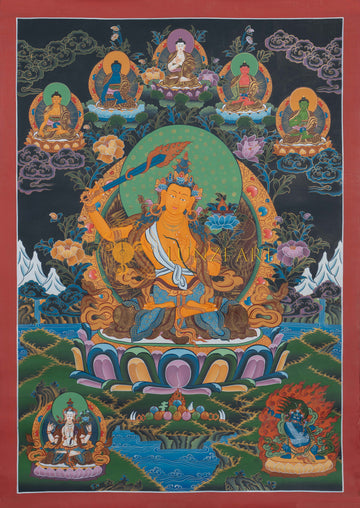 Il Signore d'Oro della Saggezza: Dipinto Thangka di Manjushri