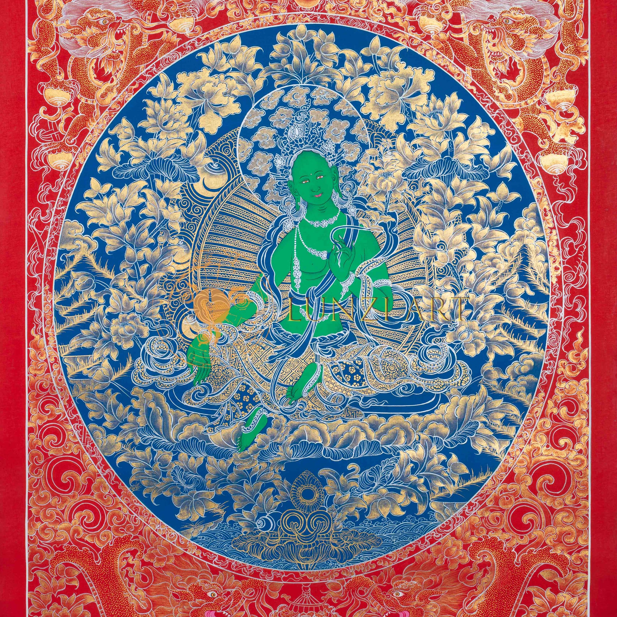 Il Mandala Azzurro della Compassione: Tara Verde in Fiore Celeste, Dipinto Thangka