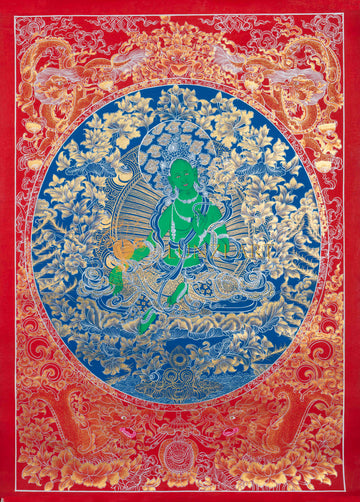 Il Mandala Azzurro della Compassione: Tara Verde in Fiore Celeste, Dipinto Thangka
