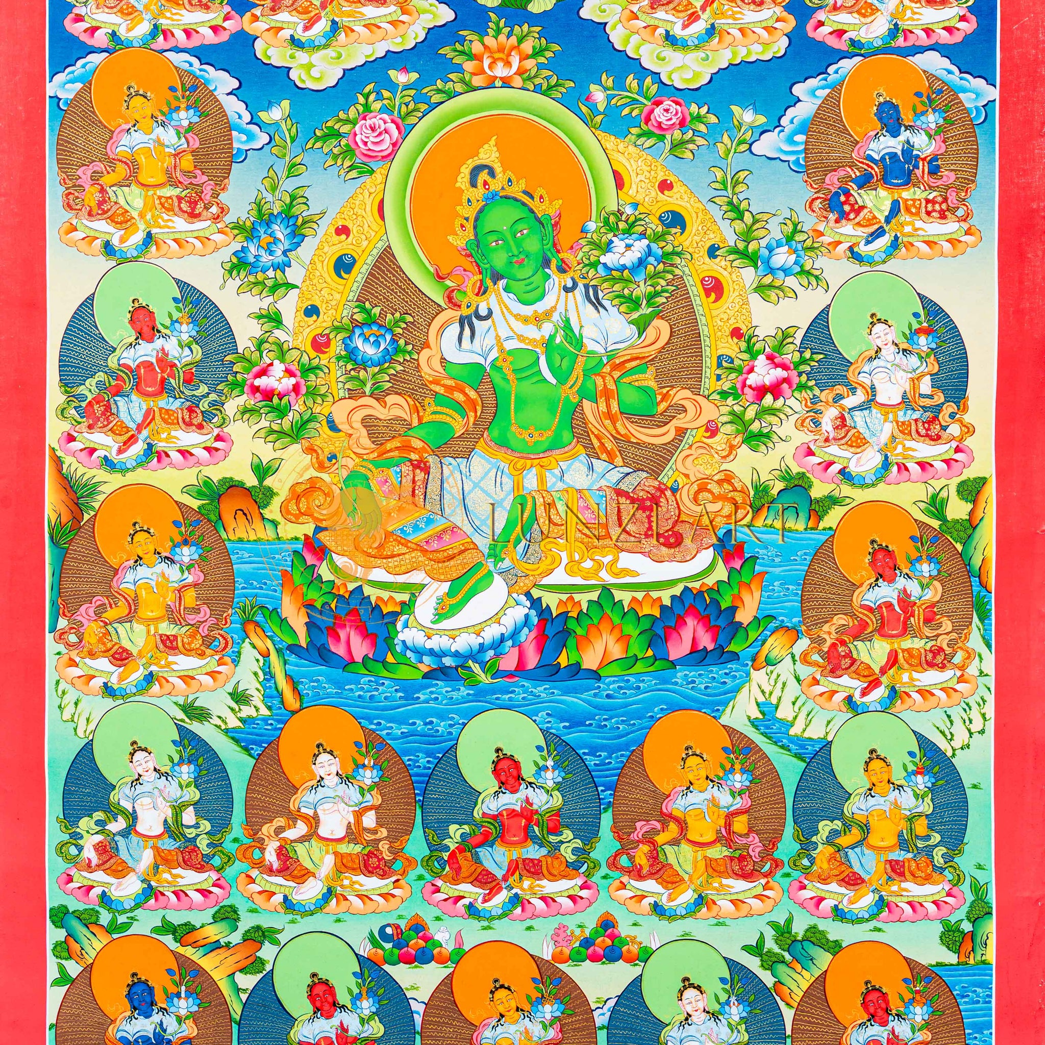 Hand-Painted 21 Green Tara Thangka