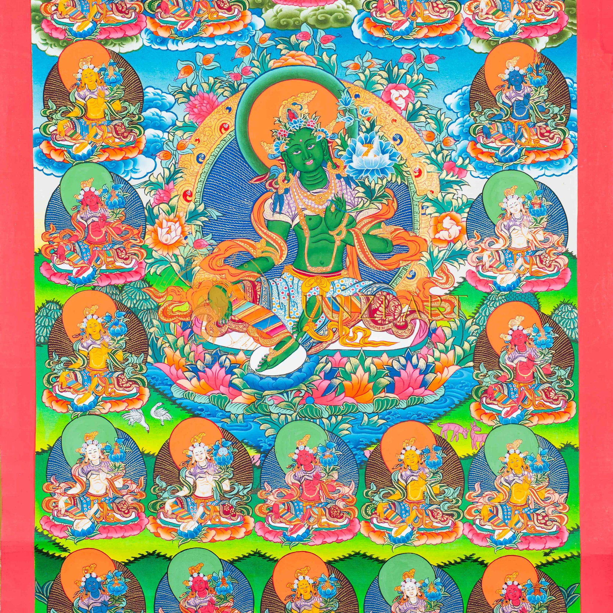 Hand-Painted 21 Green Tara Thangka