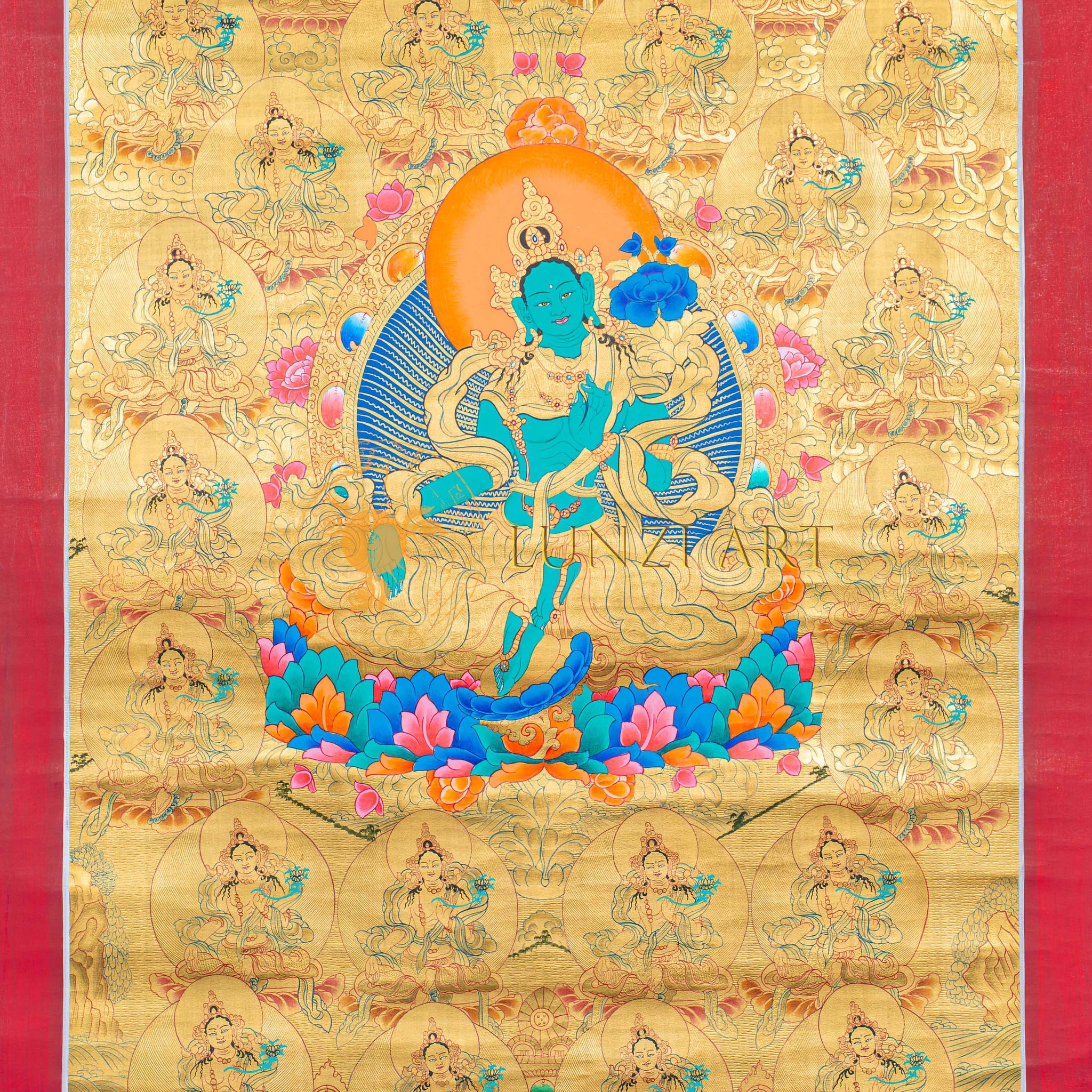 Hand-Painted Green Tara Thangka Lapped by Gold