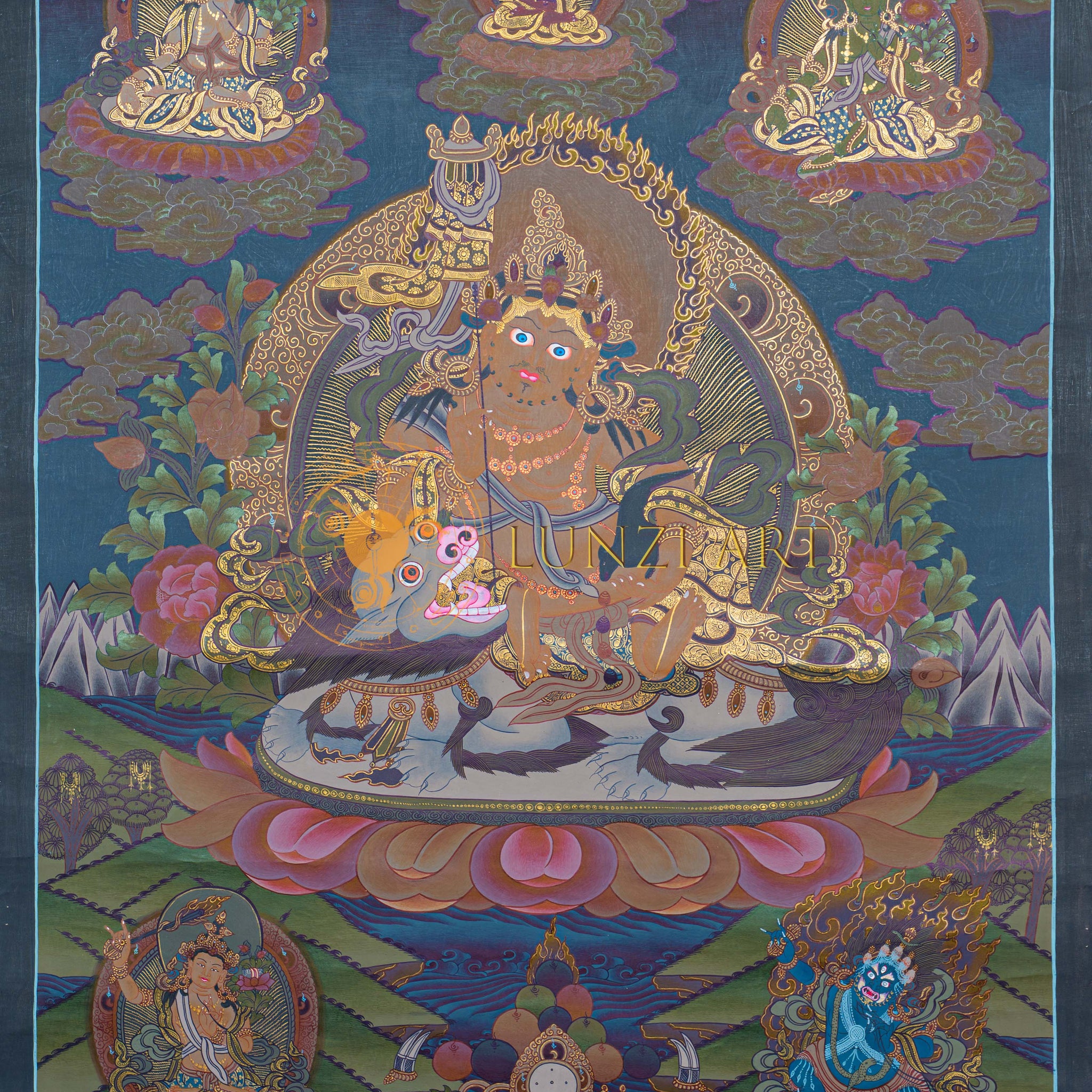 Hand-Painted Lion Jambhala Thangka