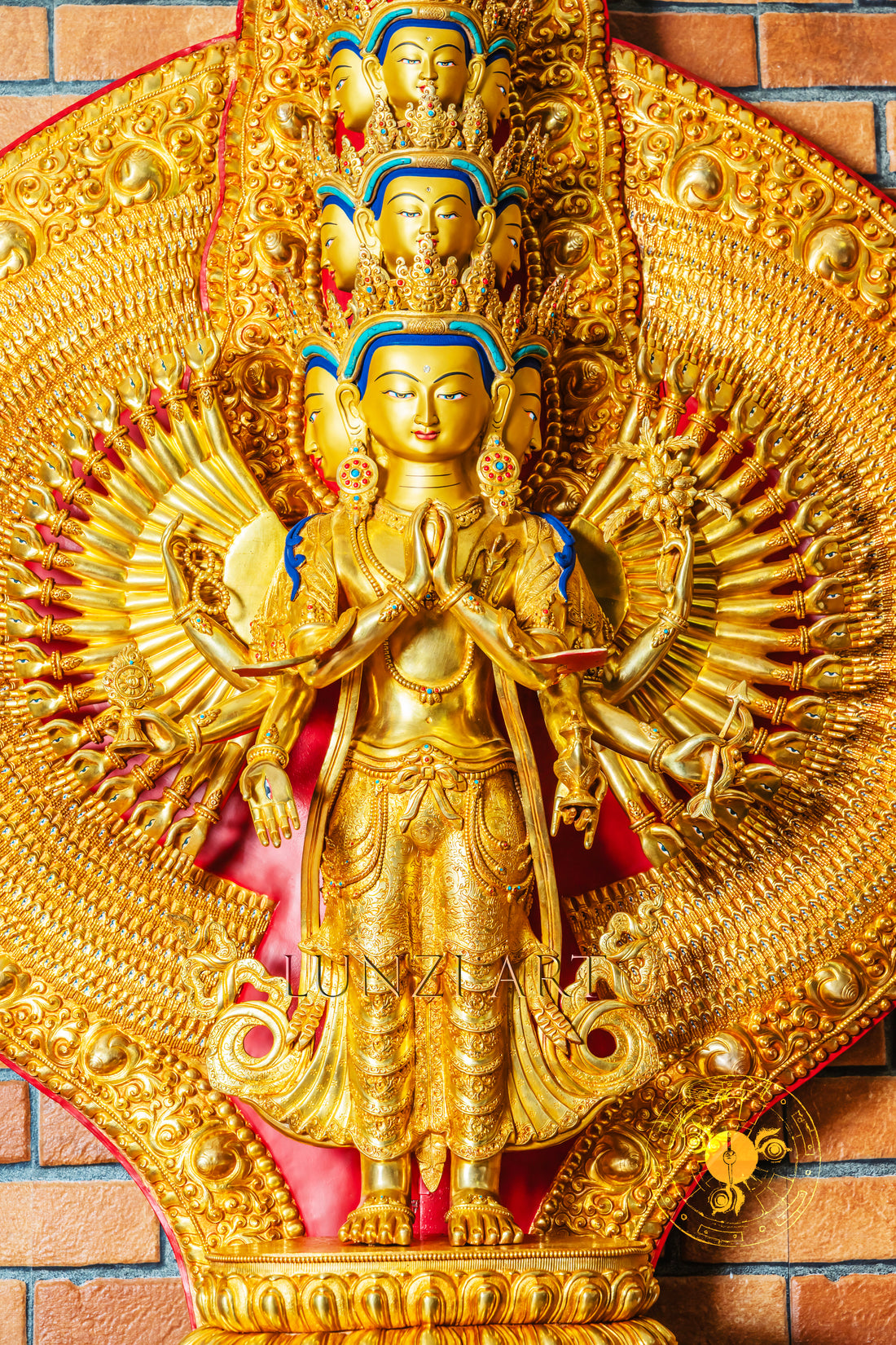 Large Gold Plated Multi-Faced Thousand-Armed Avalokiteshvara Standing Statue in Refined Gilded Copper — A Masterful Creation by a Nationally Certified Artisan
