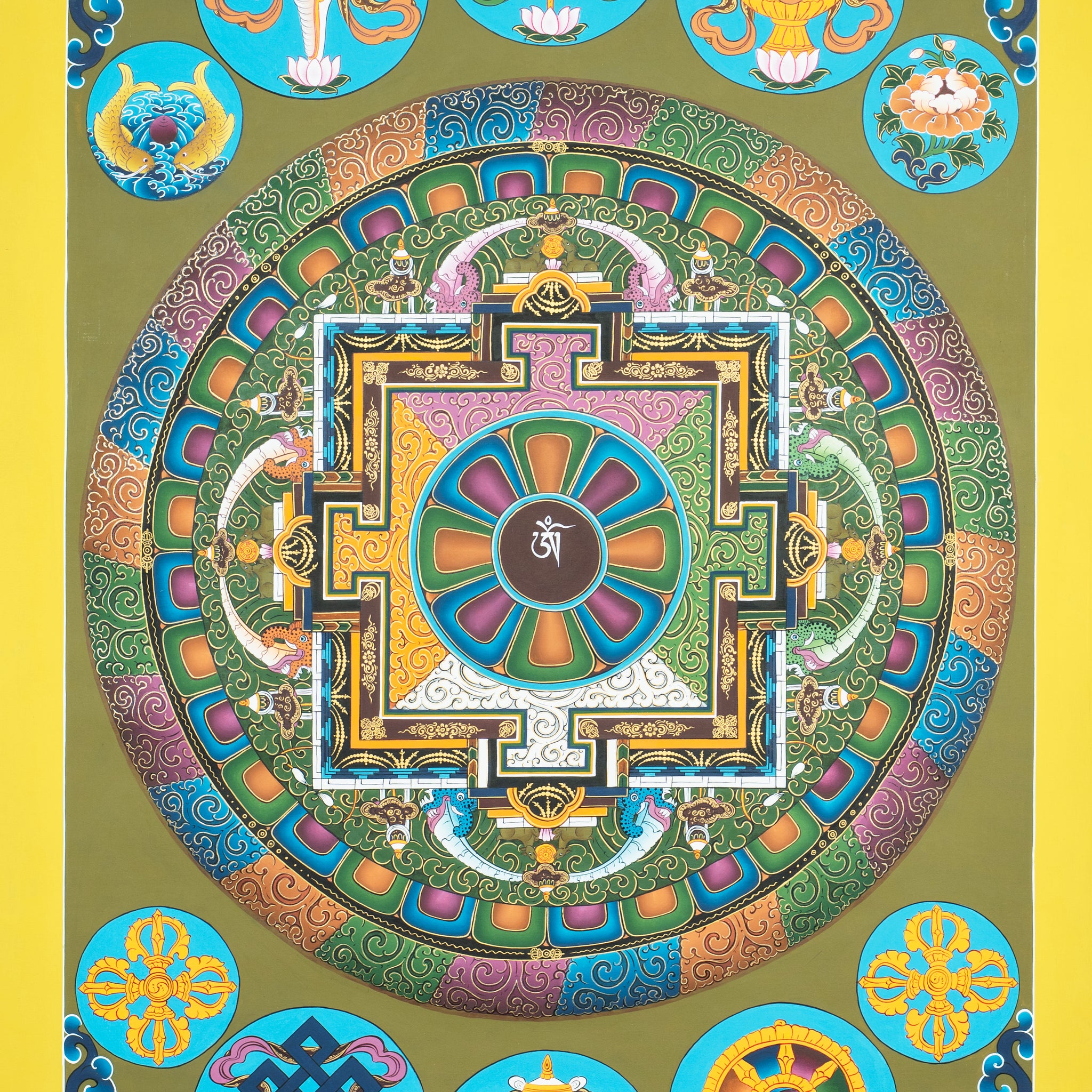 Hand Painted Mandala Thangka of the Eight Auspicious Symbols – Gateway to Blessings and Inner Harmony