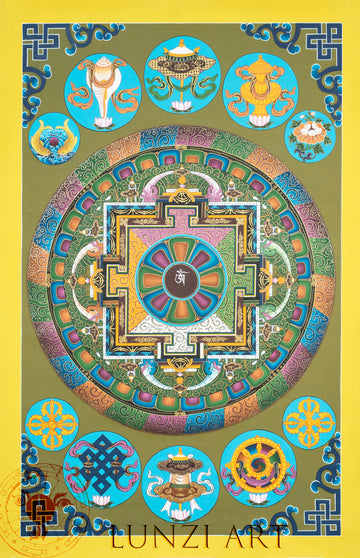 Hand Painted Mandala Thangka of the Eight Auspicious Symbols – Gateway to Blessings and Inner Harmony