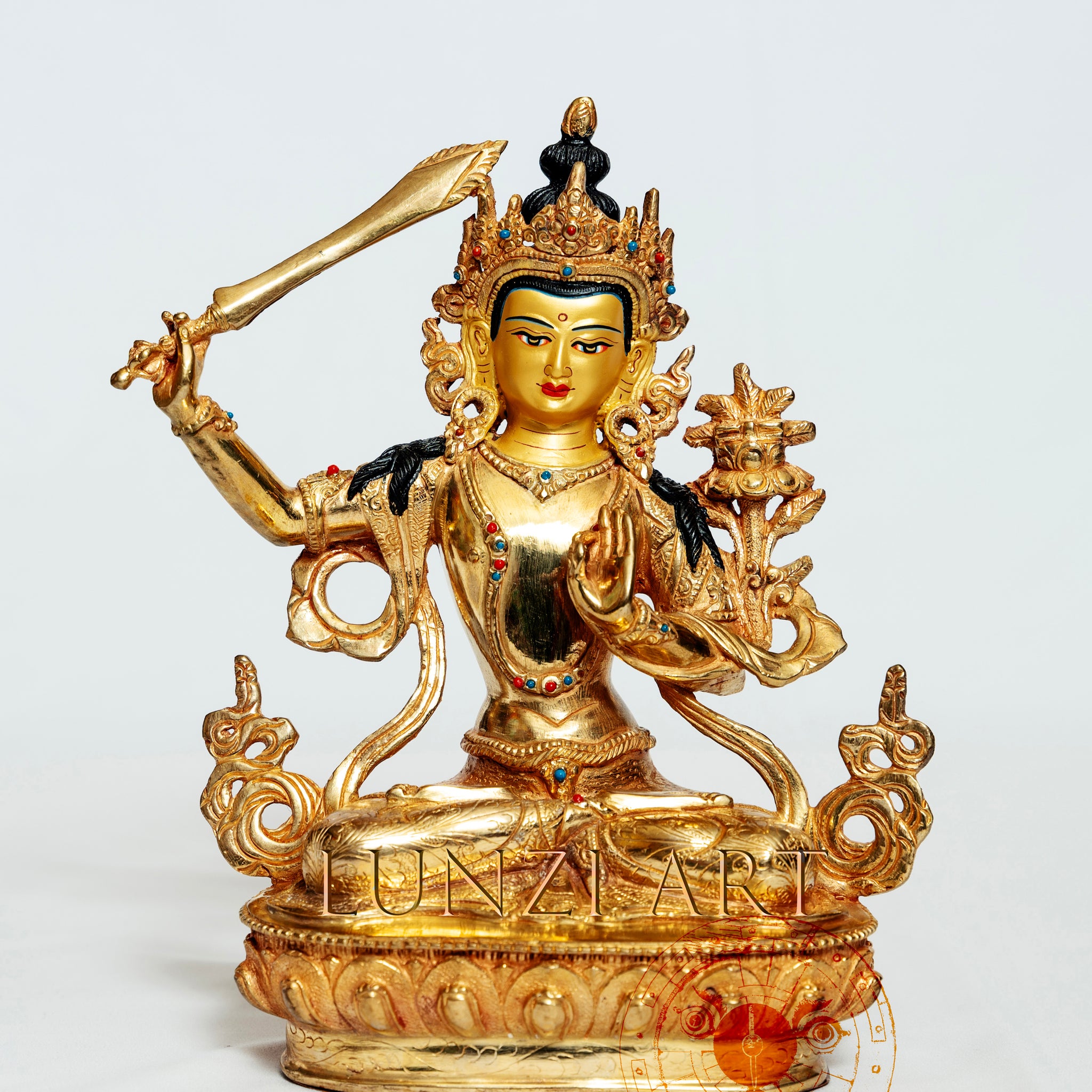 Full Gold-Plated Brass Manjushree Statue - statues