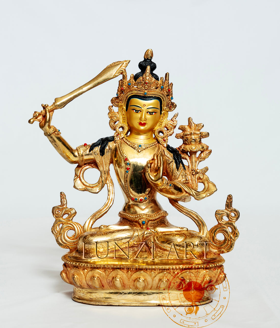 Full Gold-Plated Brass Manjushree Statue - statues